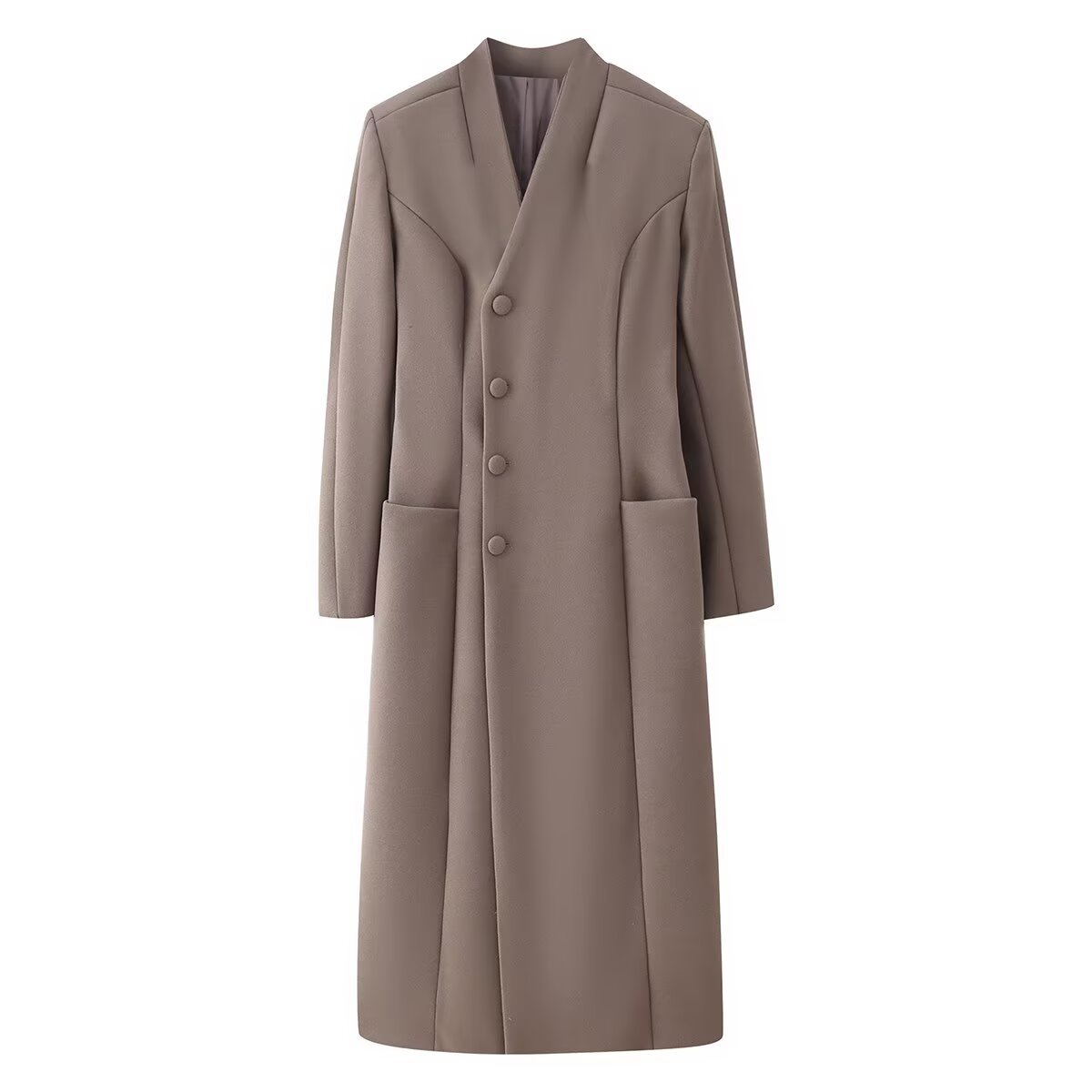 Wool Blend Overcoat - Shoulder Pad, Button Detail KUN-00056