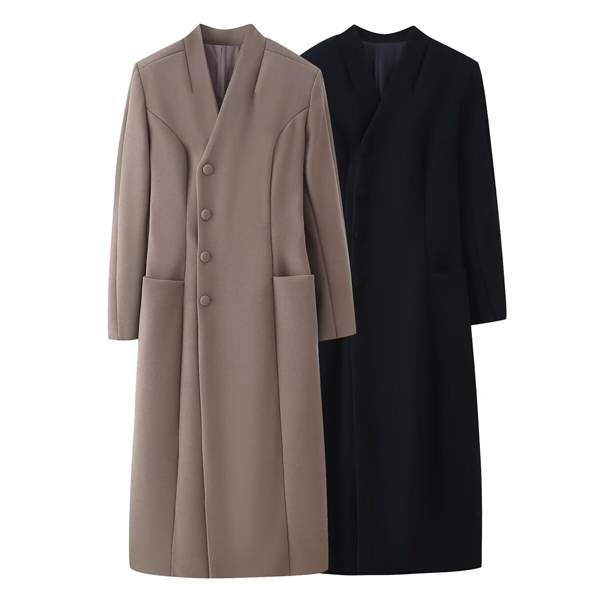 Wool Blend Overcoat - Shoulder Pad, Button Detail KUN-00056