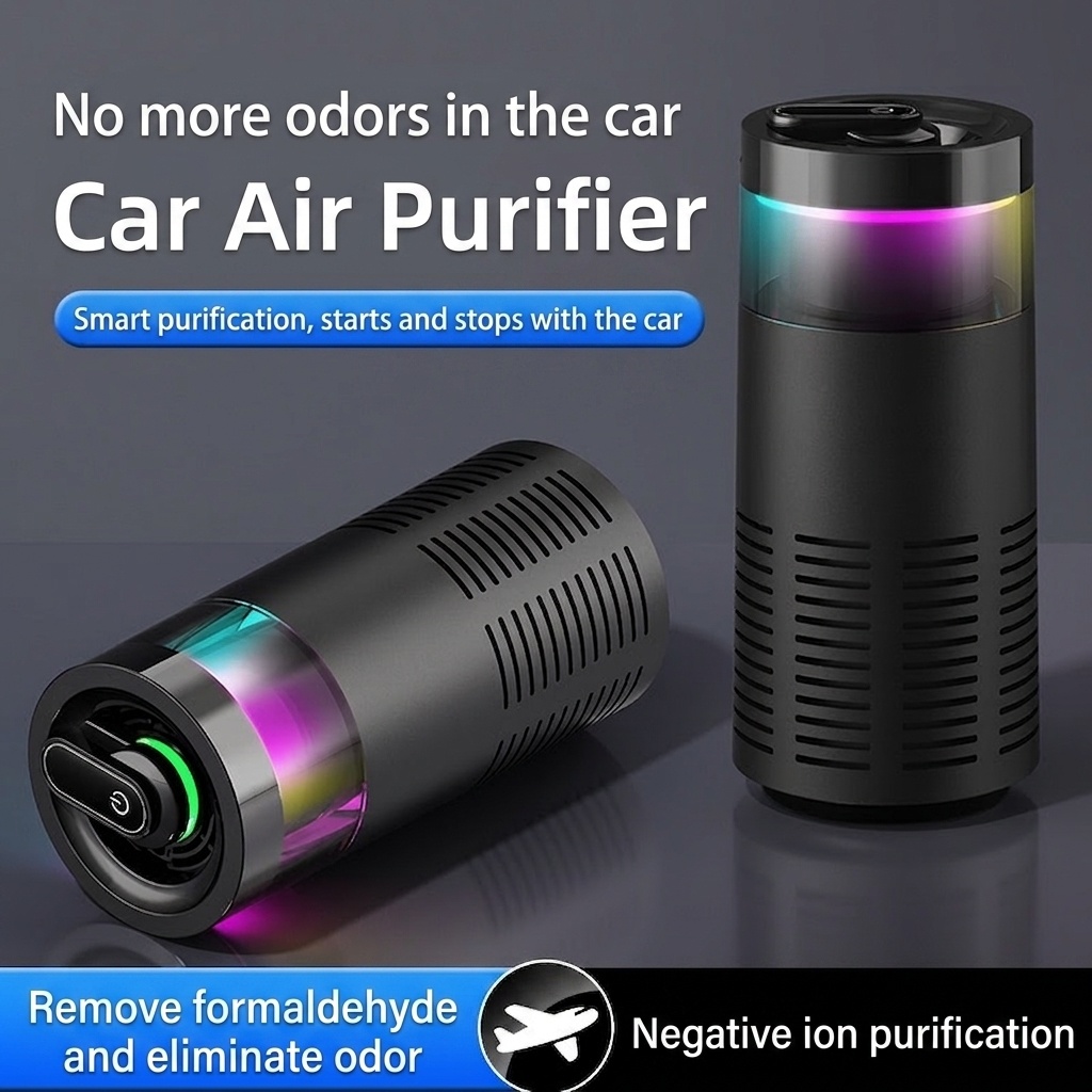 Compact Car Air Purifier with Negative Ion Purification, Auto Start/Stop, RGB Ambient Light, Odor & Formaldehyde Eliminator for Vehicles