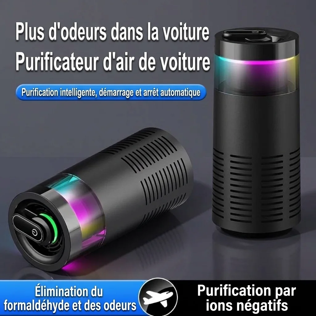 Purificateur d'air compact pour voiture avec purification par ions négatifs, démarrage/arrêt automatique, lumière d'ambiance RGB, éliminateur d'odeurs et de formaldéhyde pour véhicules