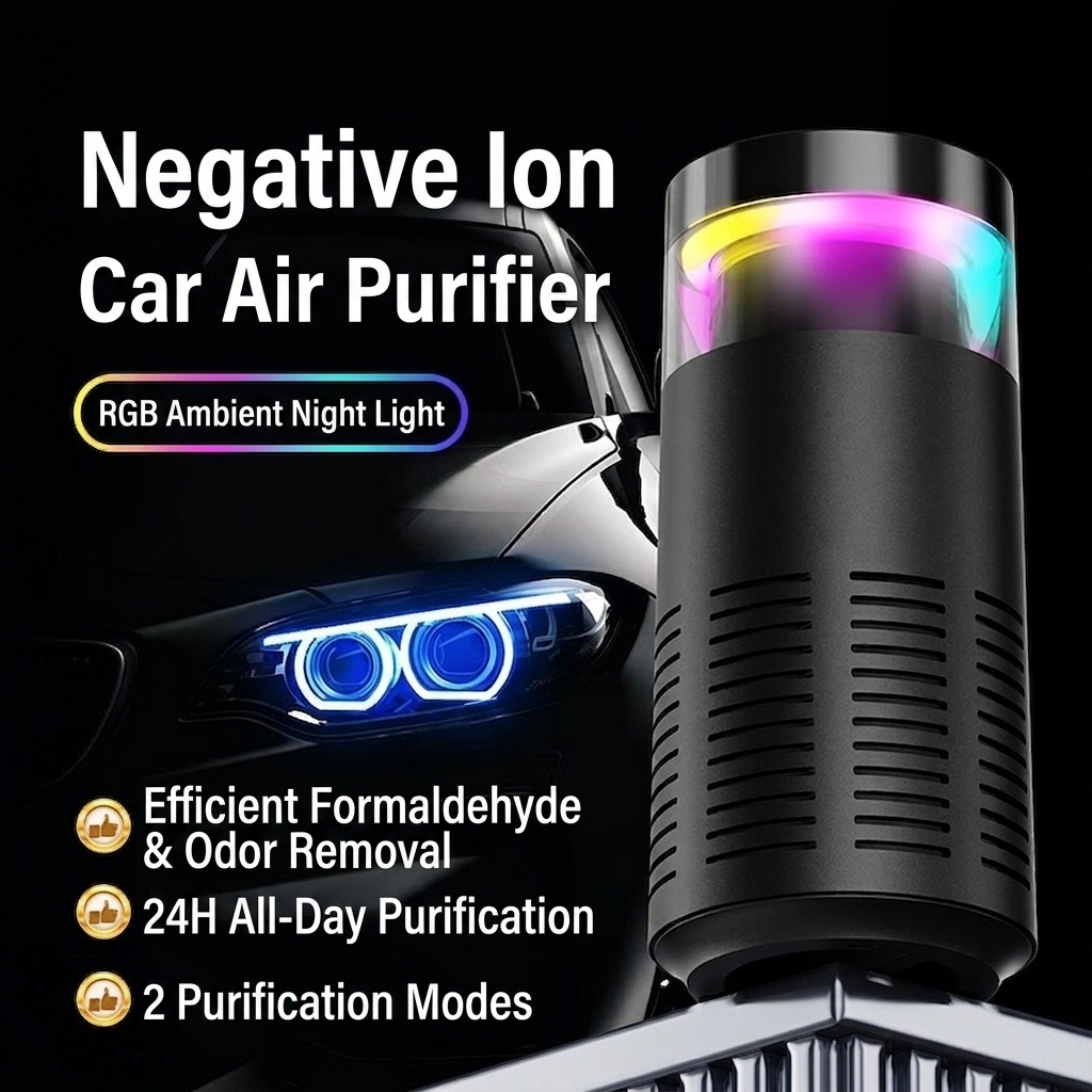 Compact Car Air Purifier with Negative Ion Purification, Auto Start/Stop, RGB Ambient Light, Odor & Formaldehyde Eliminator for Vehicles