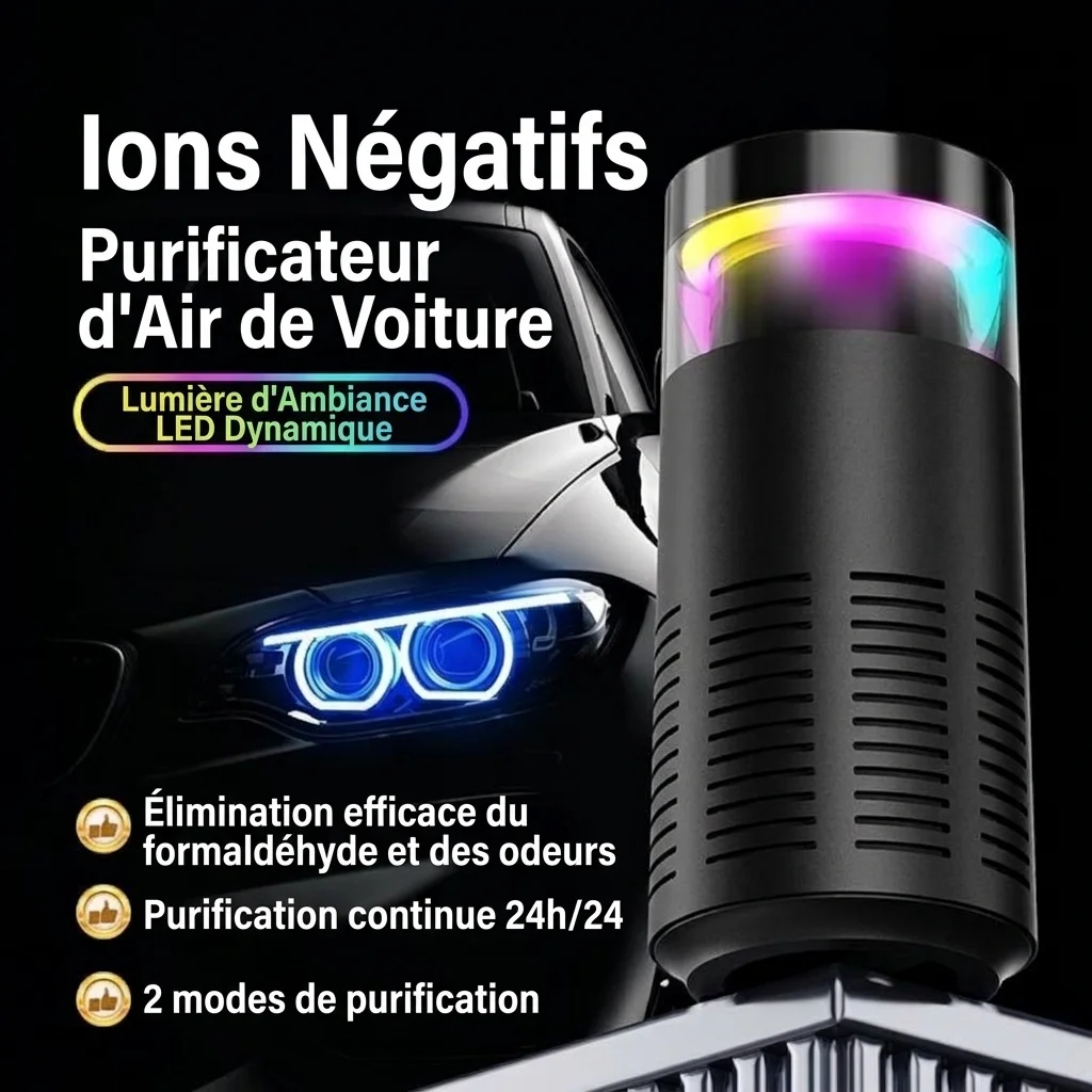 Purificateur d'air compact pour voiture avec purification par ions négatifs, démarrage/arrêt automatique, lumière d'ambiance RGB, éliminateur d'odeurs et de formaldéhyde pour véhicules