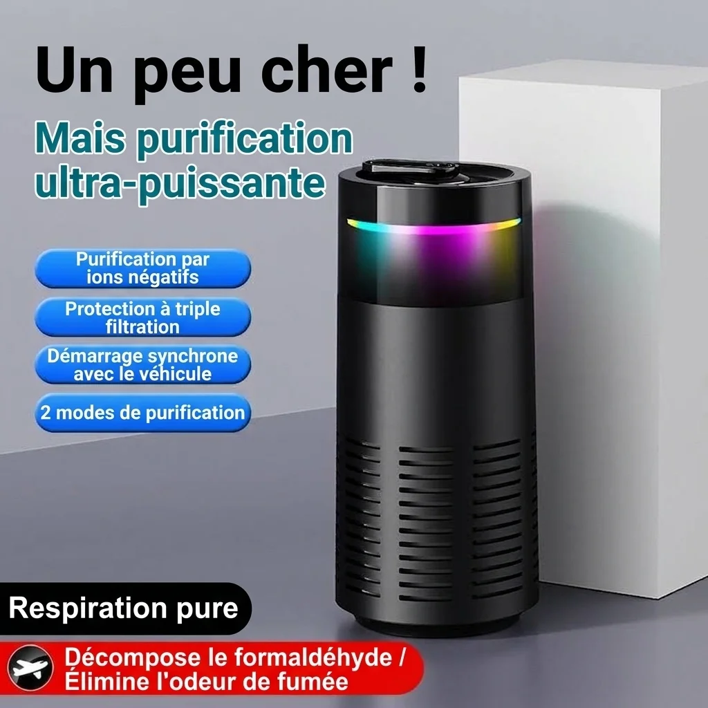 Purificateur d'air compact pour voiture avec purification par ions négatifs, démarrage/arrêt automatique, lumière d'ambiance RGB, éliminateur d'odeurs et de formaldéhyde pour véhicules