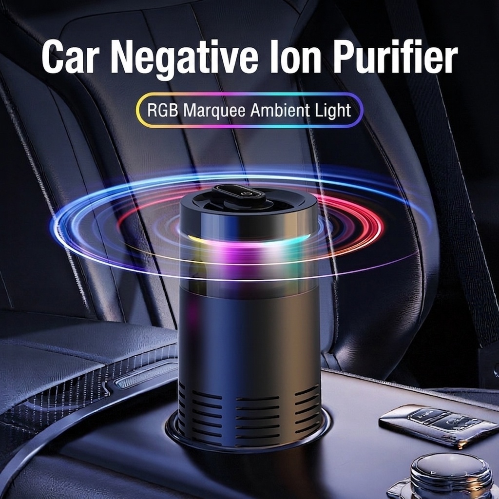 Compact Car Air Purifier with Negative Ion Purification, Auto Start/Stop, RGB Ambient Light, Odor & Formaldehyde Eliminator for Vehicles