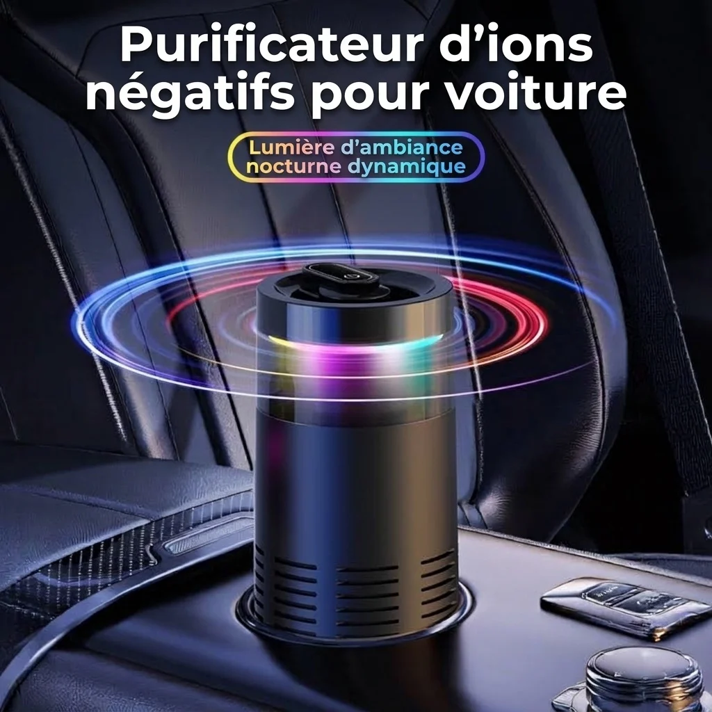 Purificateur d'air compact pour voiture avec purification par ions négatifs, démarrage/arrêt automatique, lumière d'ambiance RGB, éliminateur d'odeurs et de formaldéhyde pour véhicules