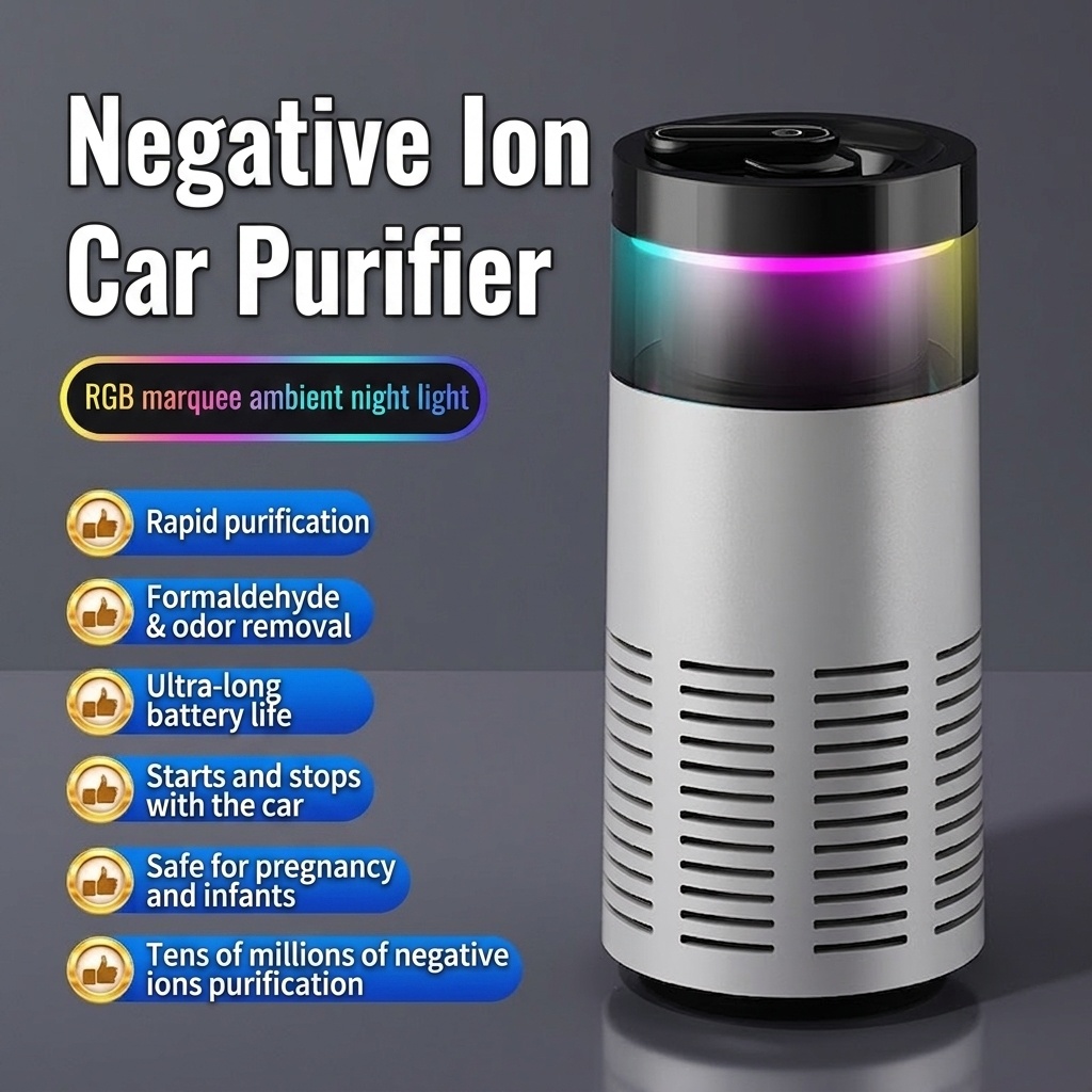 Compact Car Air Purifier with Negative Ion Purification, Auto Start/Stop, RGB Ambient Light, Odor & Formaldehyde Eliminator for Vehicles