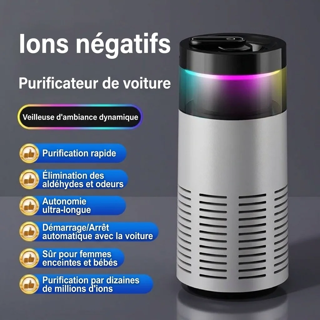 Purificateur d'air compact pour voiture avec purification par ions négatifs, démarrage/arrêt automatique, lumière d'ambiance RGB, éliminateur d'odeurs et de formaldéhyde pour véhicules