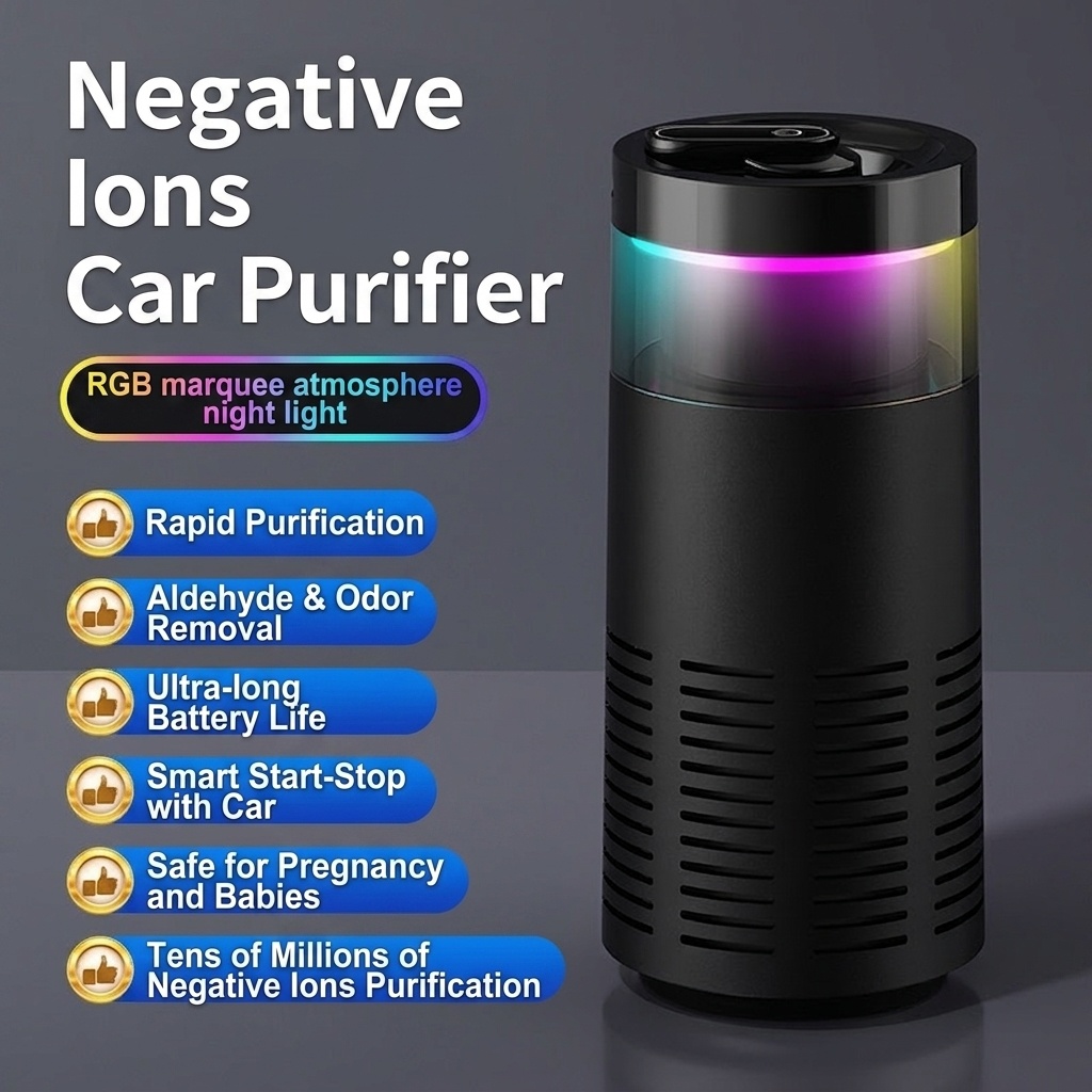 Compact Car Air Purifier with Negative Ion Purification, Auto Start/Stop, RGB Ambient Light, Odor & Formaldehyde Eliminator for Vehicles