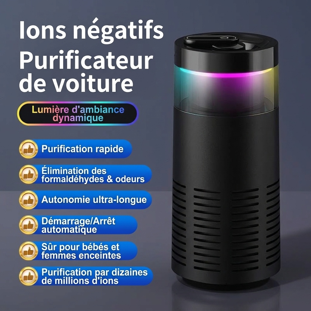 Purificateur d'air compact pour voiture avec purification par ions négatifs, démarrage/arrêt automatique, lumière d'ambiance RGB, éliminateur d'odeurs et de formaldéhyde pour véhicules
