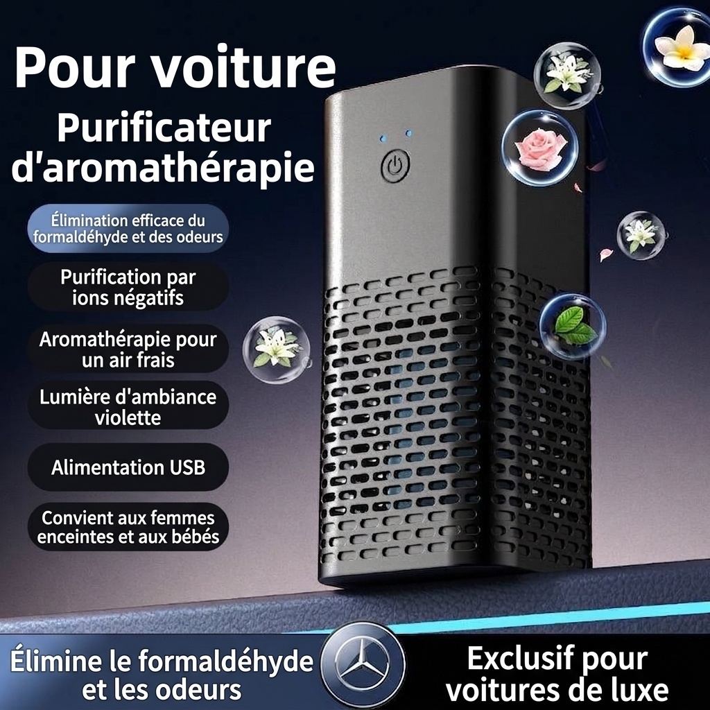 Purificateur d'air portable pour voiture et éliminateur d'odeurs, filtration HEPA alimentée par USB, purificateur d'air à ions négatifs pour le formaldéhyde et les odeurs dans les véhicules