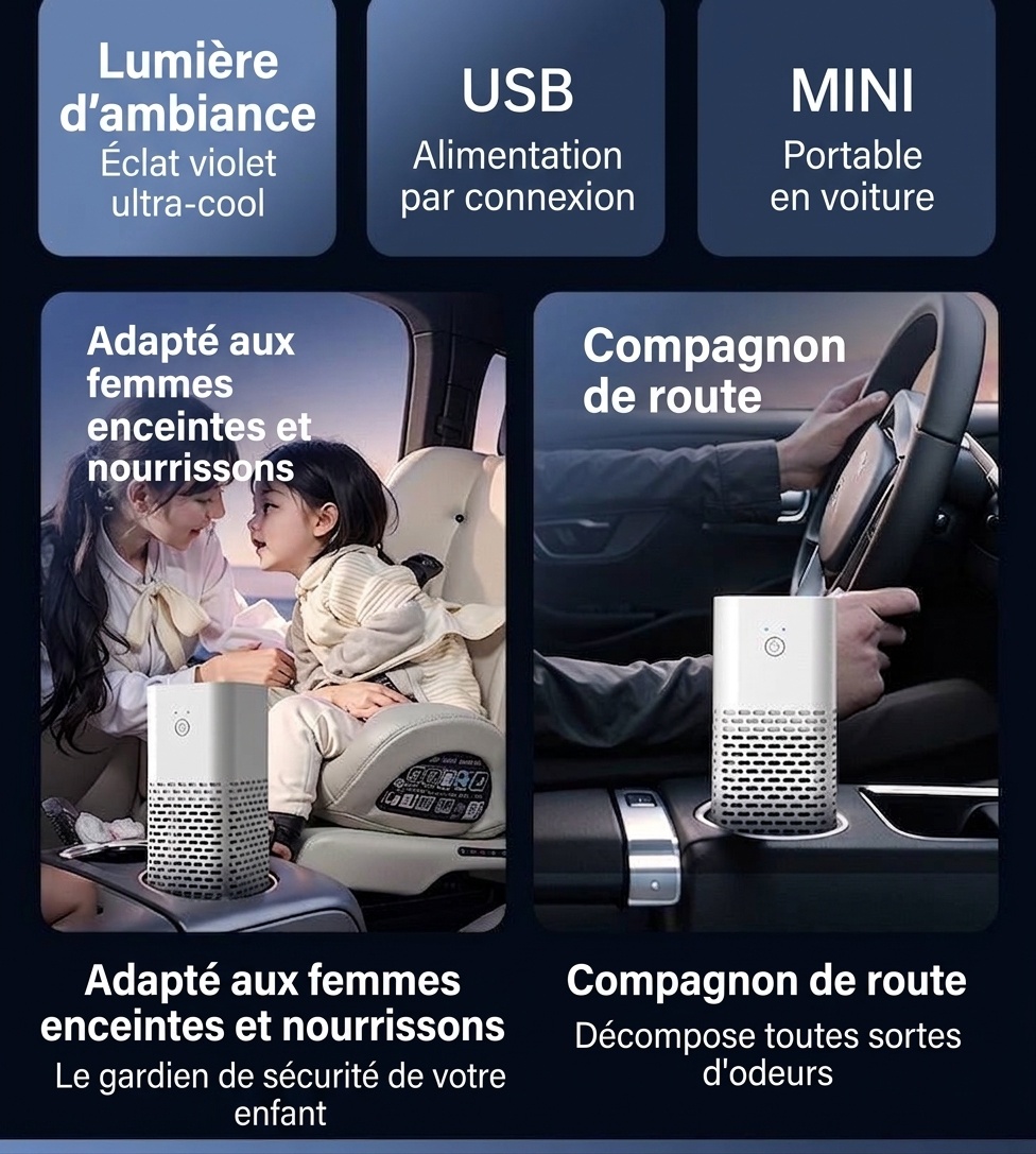 Purificateur d'air portable pour voiture et éliminateur d'odeurs, filtration HEPA alimentée par USB, purificateur d'air à ions négatifs pour le formaldéhyde et les odeurs dans les véhicules