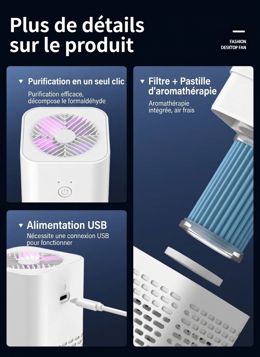 Purificateur d'air portable pour voiture et éliminateur d'odeurs, filtration HEPA alimentée par USB, purificateur d'air à ions négatifs pour le formaldéhyde et les odeurs dans les véhicules