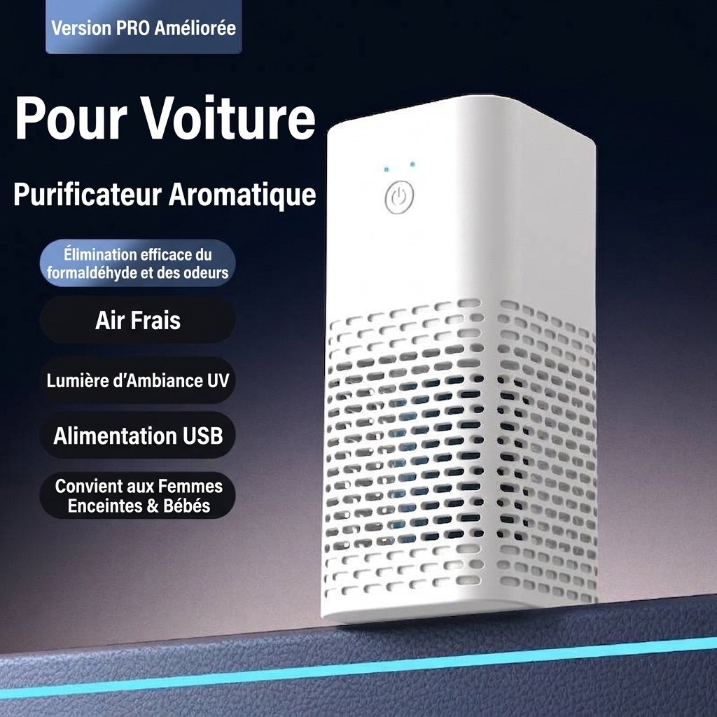Purificateur d'air portable pour voiture et éliminateur d'odeurs, filtration HEPA alimentée par USB, purificateur d'air à ions négatifs pour le formaldéhyde et les odeurs dans les véhicules