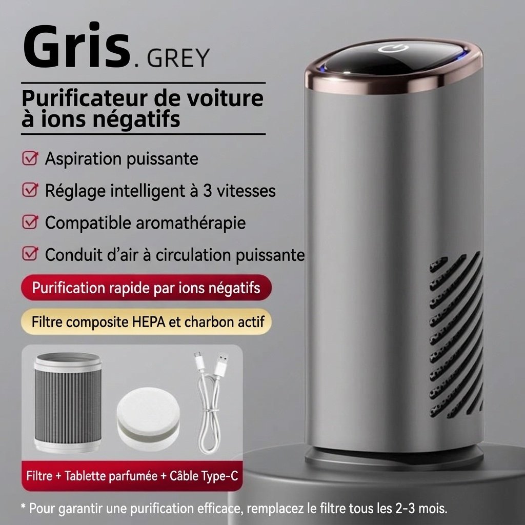 Purificateur d'air de voiture haut de gamme avec filtre HEPA et générateur d'ions négatifs, purificateur d'air portable pour voiture avec ventilateur puissant pour une élimination rapide des odeurs, de la fumée et des polluants, air frais dans les véhicul