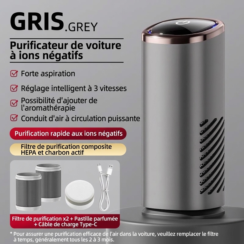 Purificateur d'air de voiture haut de gamme avec filtre HEPA et générateur d'ions négatifs, purificateur d'air portable pour voiture avec ventilateur puissant pour une élimination rapide des odeurs, de la fumée et des polluants, air frais dans les véhicul