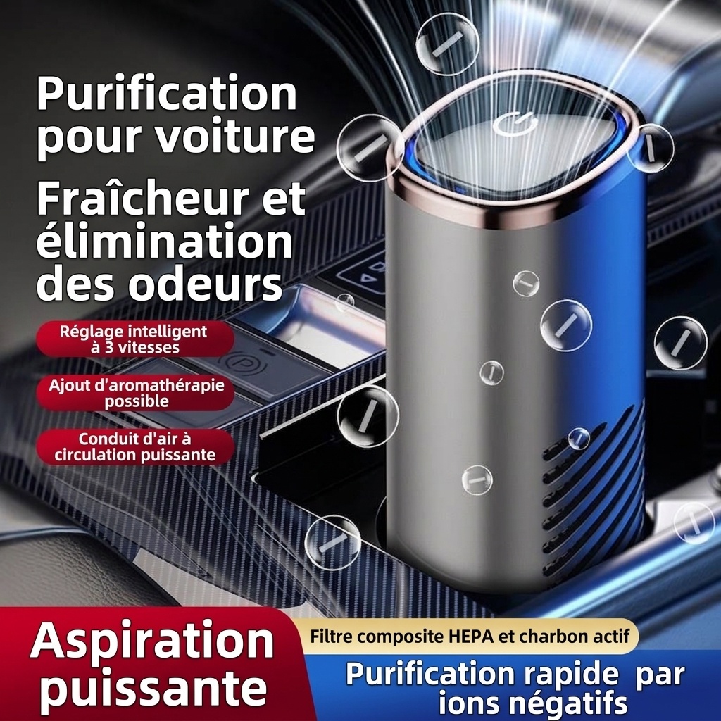 Purificateur d'air de voiture haut de gamme avec filtre HEPA et générateur d'ions négatifs, purificateur d'air portable pour voiture avec ventilateur puissant pour une élimination rapide des odeurs, de la fumée et des polluants, air frais dans les véhicul