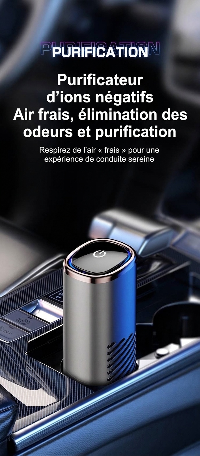 Purificateur d'air de voiture haut de gamme avec filtre HEPA et générateur d'ions négatifs, purificateur d'air portable pour voiture avec ventilateur puissant pour une élimination rapide des odeurs, de la fumée et des polluants, air frais dans les véhicul