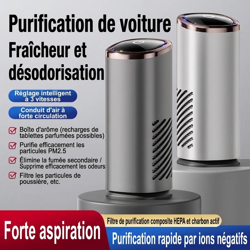 Purificateur d'air de voiture haut de gamme avec filtre HEPA et générateur d'ions négatifs, purificateur d'air portable pour voiture avec ventilateur puissant pour une élimination rapide des odeurs, de la fumée et des polluants, air frais dans les véhicul