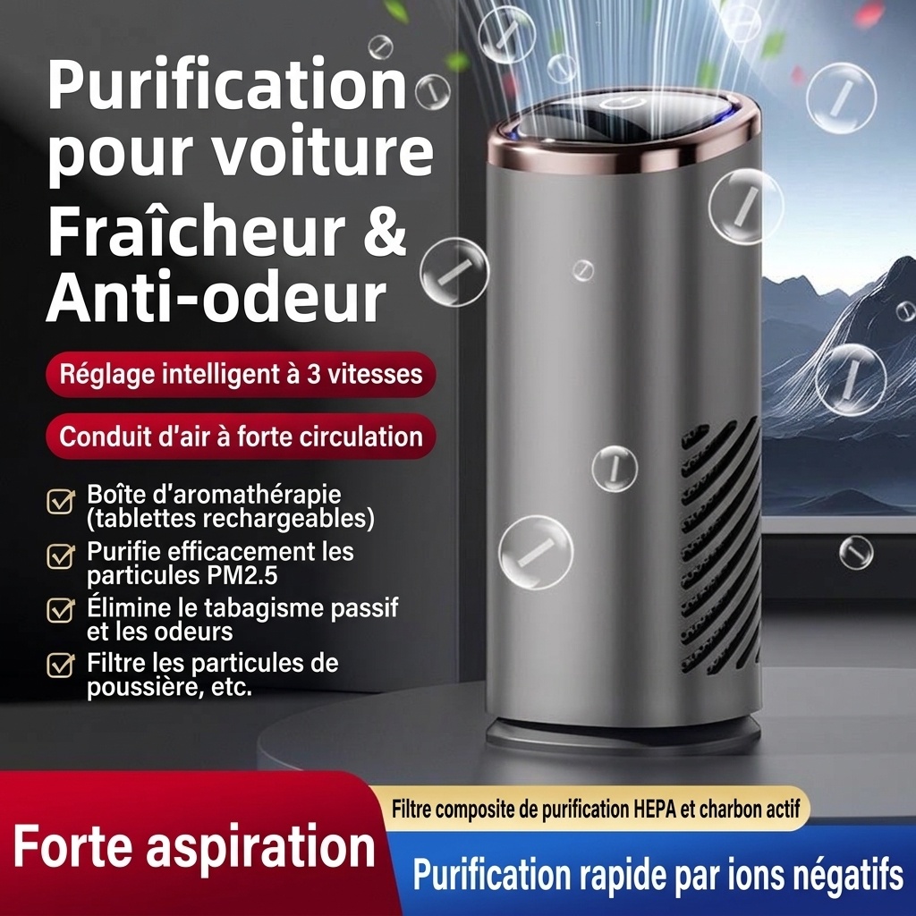 Purificateur d'air de voiture haut de gamme avec filtre HEPA et générateur d'ions négatifs, purificateur d'air portable pour voiture avec ventilateur puissant pour une élimination rapide des odeurs, de la fumée et des polluants, air frais dans les véhicul