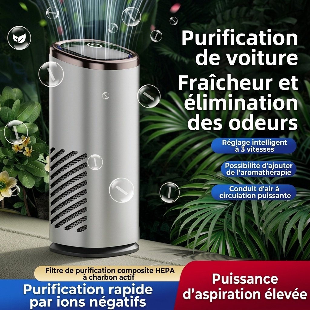 Purificateur d'air de voiture haut de gamme avec filtre HEPA et générateur d'ions négatifs, purificateur d'air portable pour voiture avec ventilateur puissant pour une élimination rapide des odeurs, de la fumée et des polluants, air frais dans les véhicul