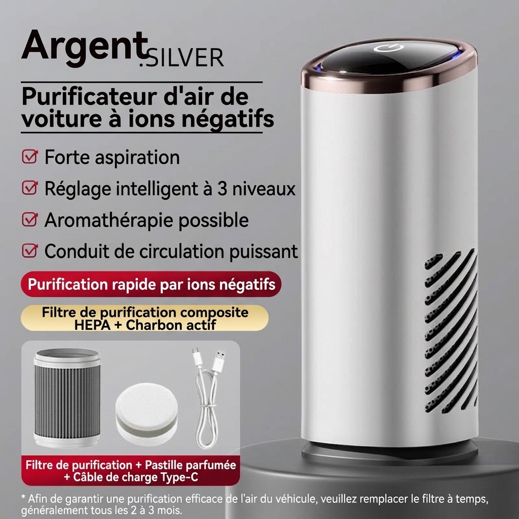 Purificateur d'air de voiture haut de gamme avec filtre HEPA et générateur d'ions négatifs, purificateur d'air portable pour voiture avec ventilateur puissant pour une élimination rapide des odeurs, de la fumée et des polluants, air frais dans les véhicul