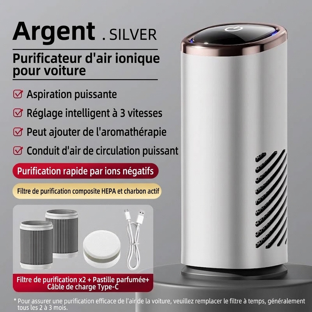 Purificateur d'air de voiture haut de gamme avec filtre HEPA et générateur d'ions négatifs, purificateur d'air portable pour voiture avec ventilateur puissant pour une élimination rapide des odeurs, de la fumée et des polluants, air frais dans les véhicul