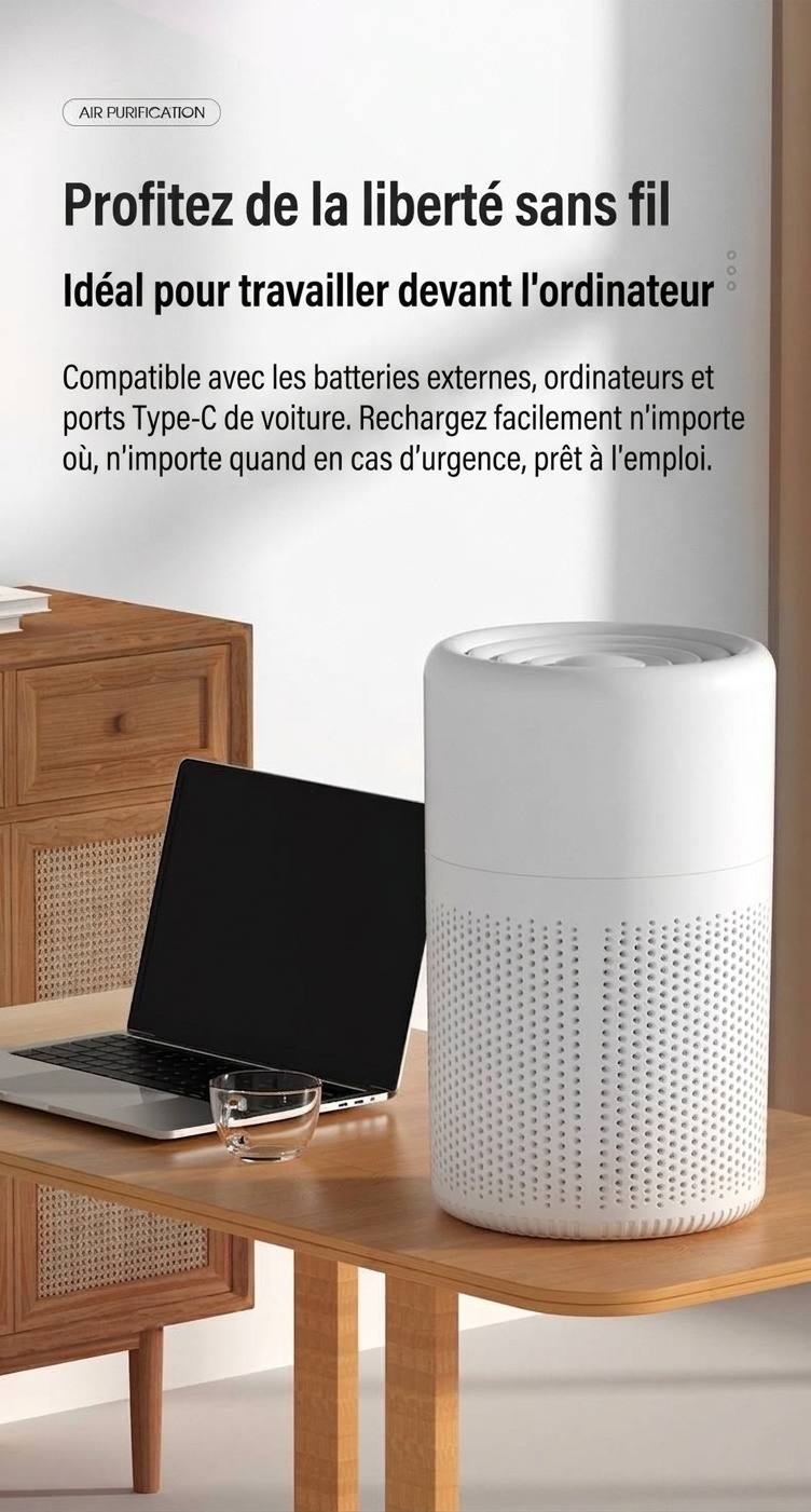 Purificateur d'air portable H13 HEPA avec filtre à charbon actif et diffuseur d'arômes, ultra-silencieux (37 dB), purificateur d'air multicouche alimenté par USB-C pour la maison et le bureau