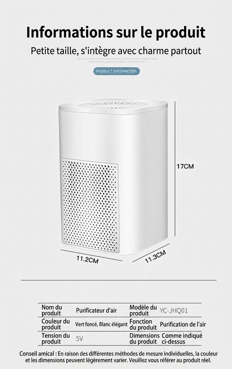 Purificateur d'air USB compact avec filtration au charbon actif, purificateur d'air portable et silencieux pour la maison, le bureau, le bureau et les petits espaces.
