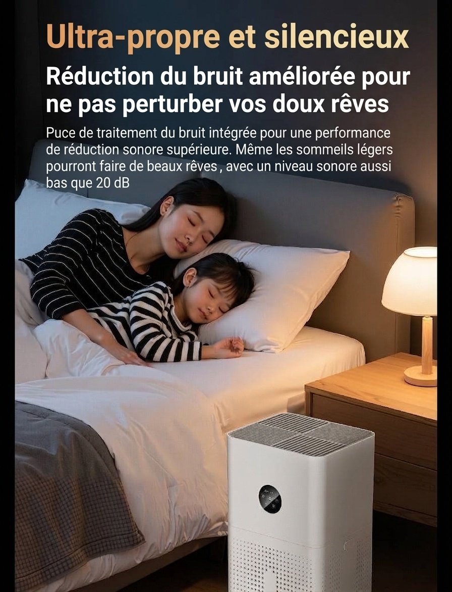 Purificateur d'air intelligent HEPA pour la maison et les grandes pièces, filtration multicouche contre les allergènes et les odeurs, fonctionnement ultra-silencieux (20 dB) avec télécommande