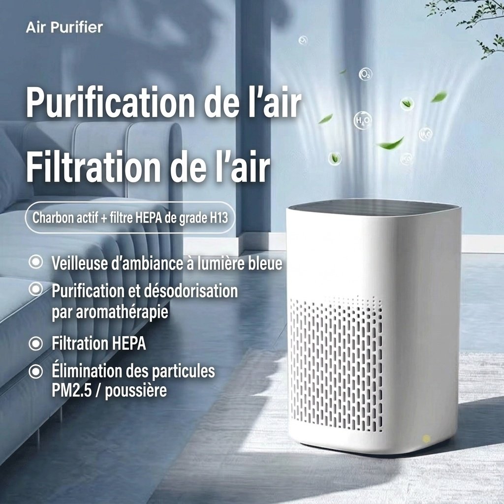 Purificateur d'air compact HEPA avec filtre à charbon actif, diffuseur d'aromathérapie, lumière bleue, diffusion d'air à 360°, purificateur d'air silencieux USB-C pour chambre et bureau