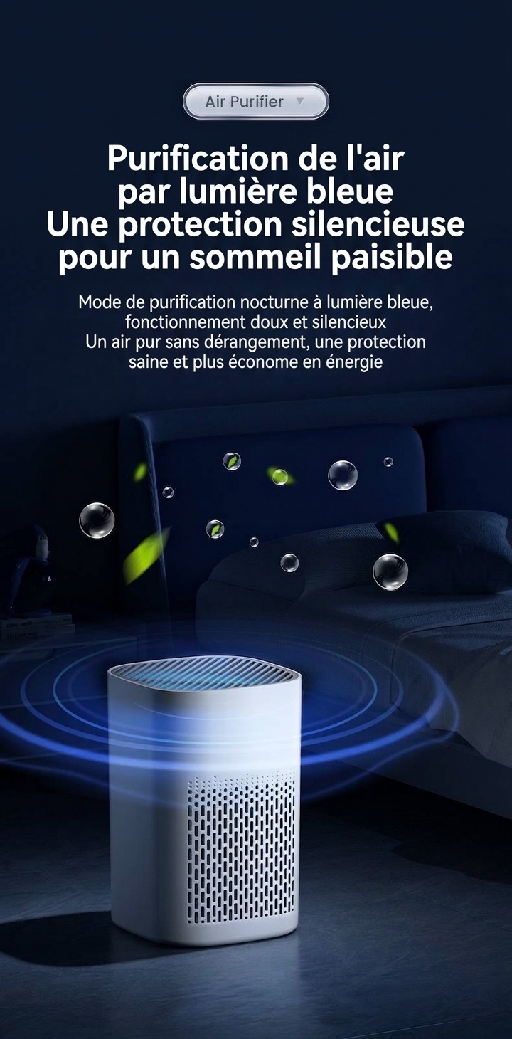Purificateur d'air compact HEPA avec filtre à charbon actif, diffuseur d'aromathérapie, lumière bleue, diffusion d'air à 360°, purificateur d'air silencieux USB-C pour chambre et bureau