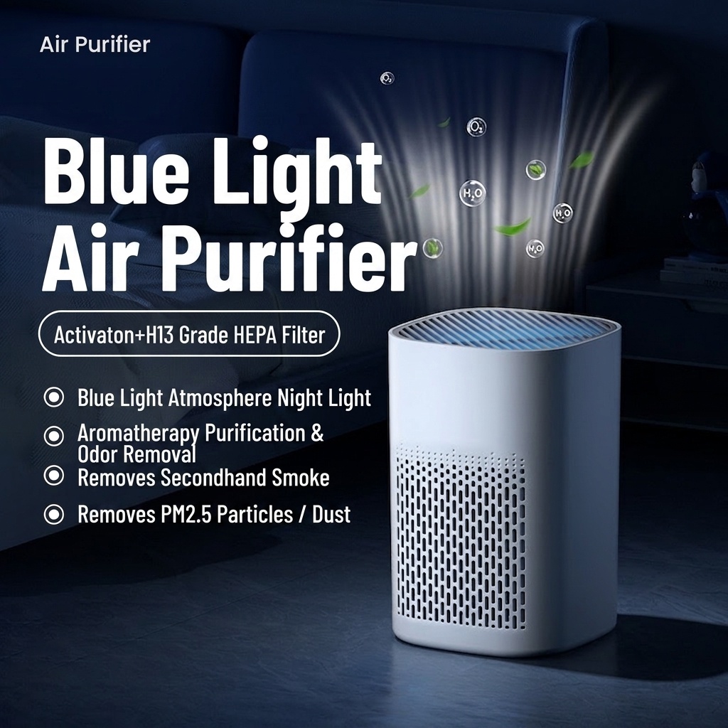 Compact HEPA Air Purifier with Activated Carbon Filter, Aromatherapy Diffuser, Blue Light, 360° Air Supply, USB-C Quiet Air Cleaner for Bedroom & Office
