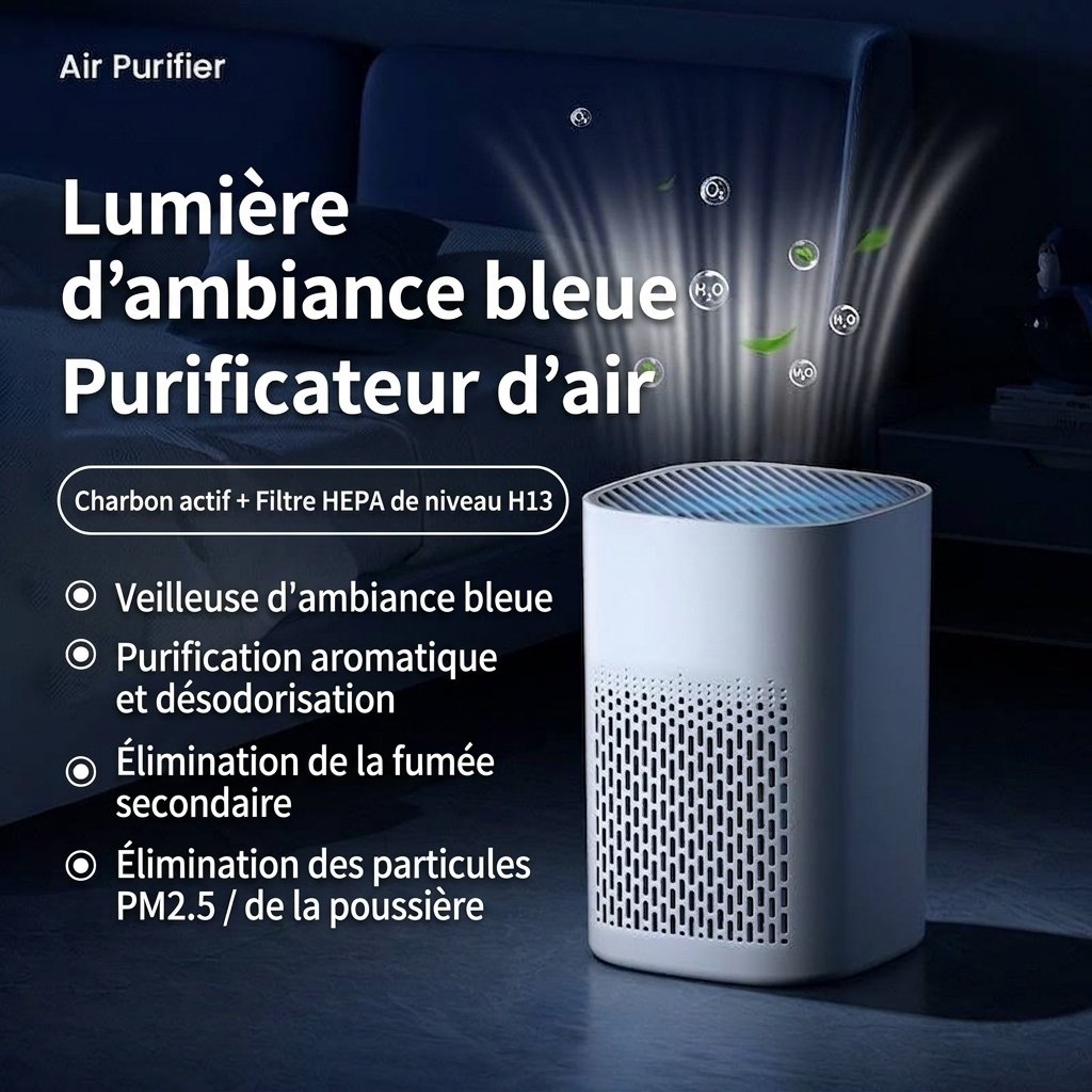 Purificateur d'air compact HEPA avec filtre à charbon actif, diffuseur d'aromathérapie, lumière bleue, diffusion d'air à 360°, purificateur d'air silencieux USB-C pour chambre et bureau