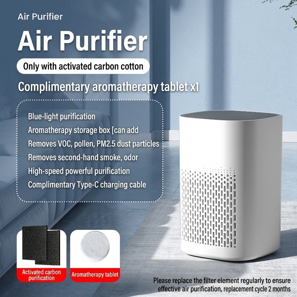 Compact HEPA Air Purifier with Activated Carbon Filter, Aromatherapy Diffuser, Blue Light, 360° Air Supply, USB-C Quiet Air Cleaner for Bedroom & Office
