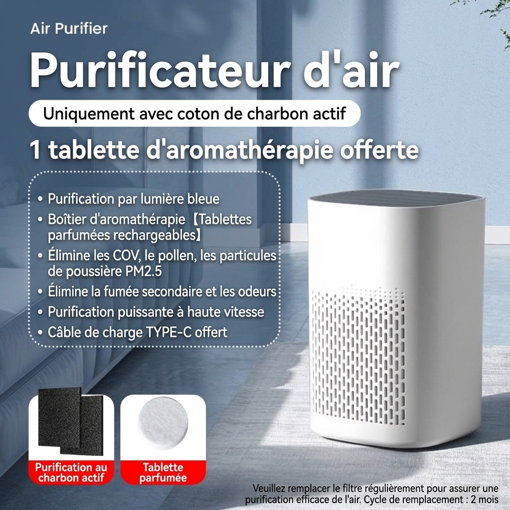 Purificateur d'air compact HEPA avec filtre à charbon actif, diffuseur d'aromathérapie, lumière bleue, diffusion d'air à 360°, purificateur d'air silencieux USB-C pour chambre et bureau