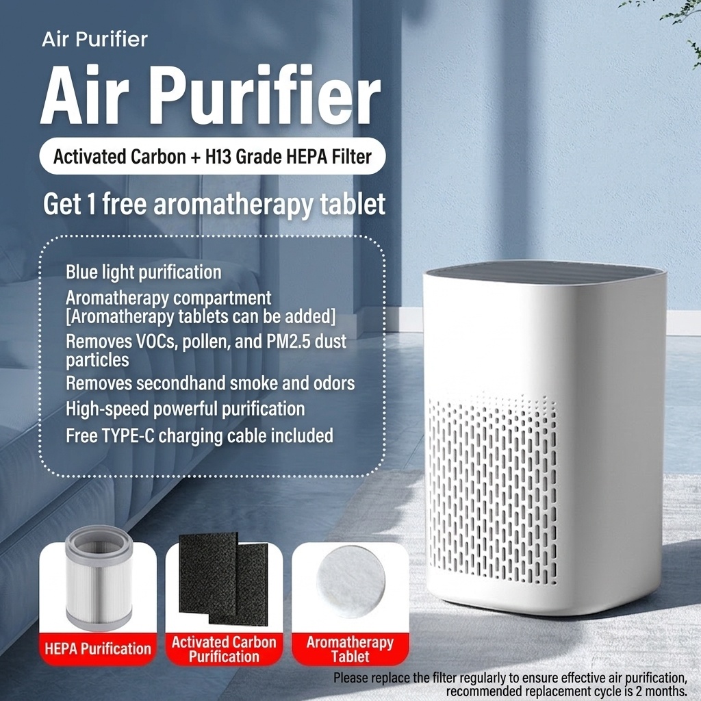 Compact HEPA Air Purifier with Activated Carbon Filter, Aromatherapy Diffuser, Blue Light, 360° Air Supply, USB-C Quiet Air Cleaner for Bedroom & Office