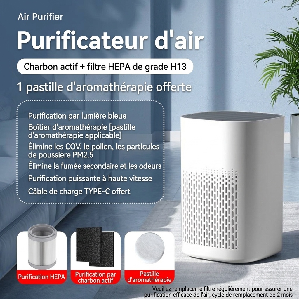 Purificateur d'air compact HEPA avec filtre à charbon actif, diffuseur d'aromathérapie, lumière bleue, diffusion d'air à 360°, purificateur d'air silencieux USB-C pour chambre et bureau