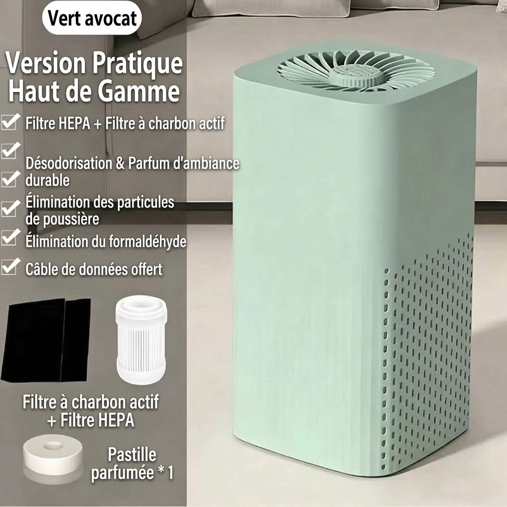 Purificateur d'air compact avec filtre HEPA et à charbon actif, diffuseur d'arômes intégré, fonctionnement silencieux, élimine les odeurs, la poussière et le pollen pour la maison et la chambre.