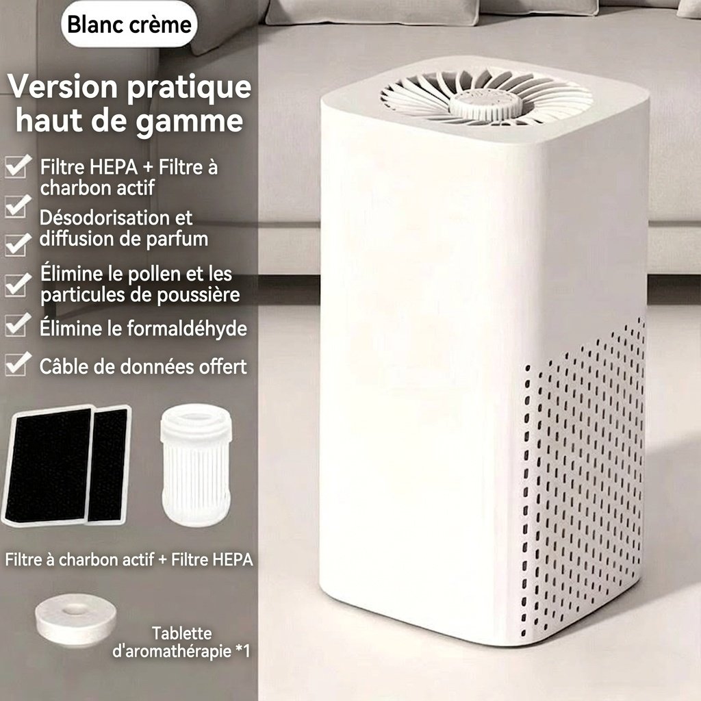 Purificateur d'air compact avec filtre HEPA et à charbon actif, diffuseur d'arômes intégré, fonctionnement silencieux, élimine les odeurs, la poussière et le pollen pour la maison et la chambre.