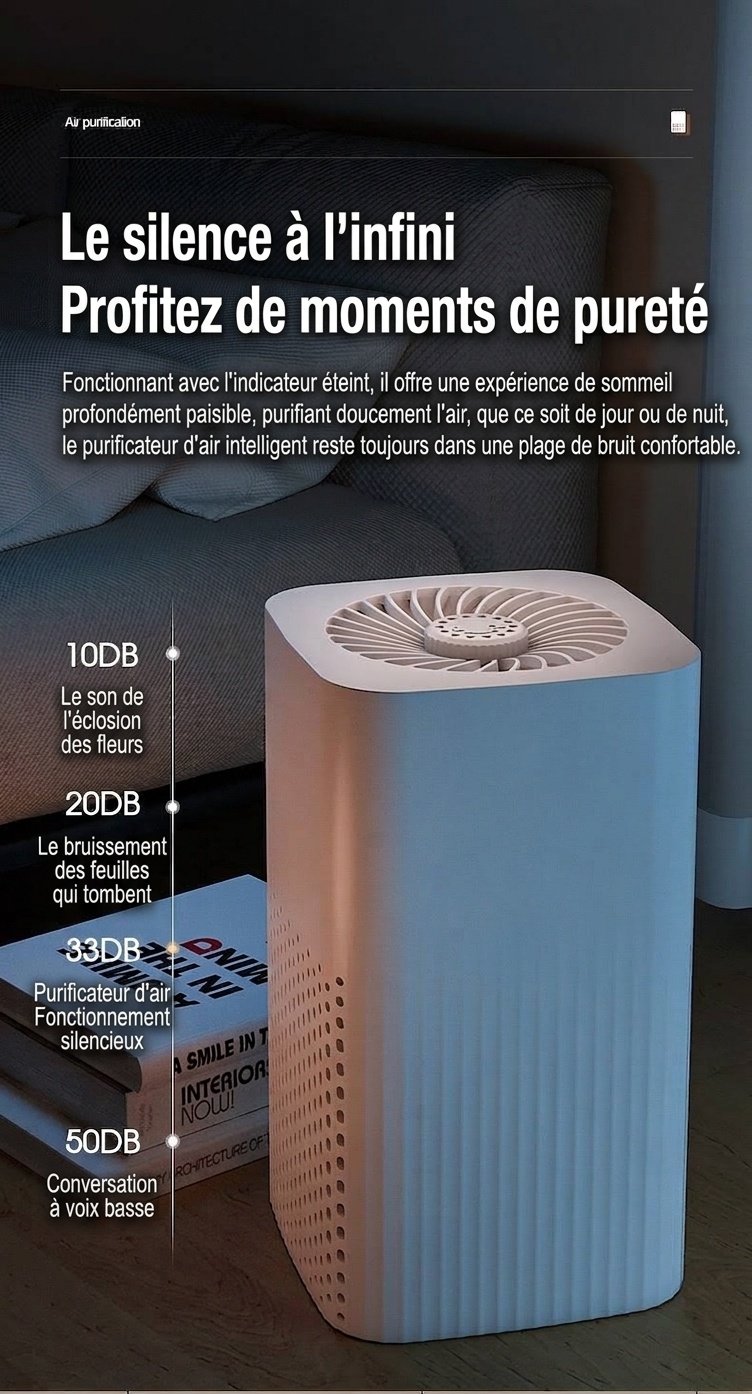 Purificateur d'air compact avec filtre HEPA et à charbon actif, diffuseur d'arômes intégré, fonctionnement silencieux, élimine les odeurs, la poussière et le pollen pour la maison et la chambre.
