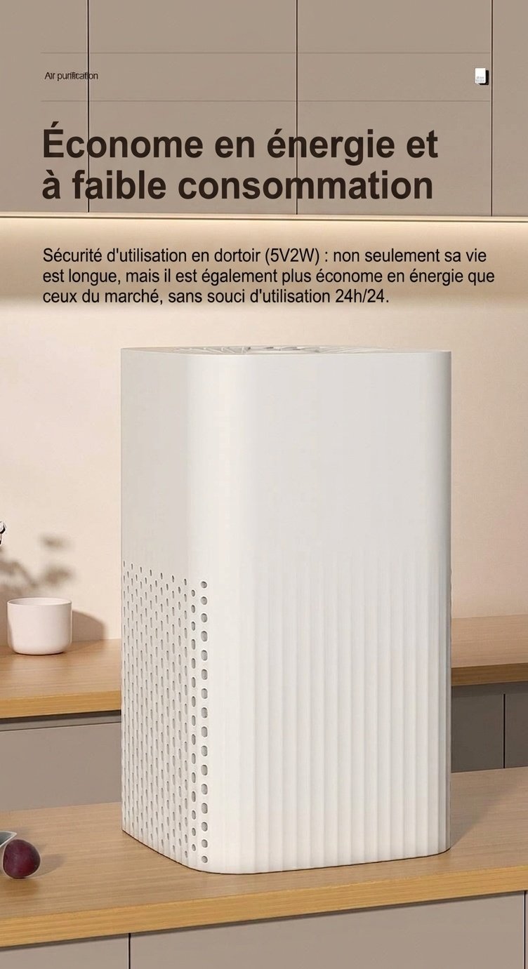 Purificateur d'air compact avec filtre HEPA et à charbon actif, diffuseur d'arômes intégré, fonctionnement silencieux, élimine les odeurs, la poussière et le pollen pour la maison et la chambre.