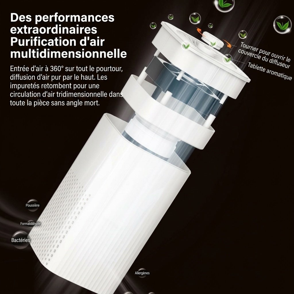 Purificateur d'air compact avec filtre HEPA et à charbon actif, diffuseur d'arômes intégré, fonctionnement silencieux, élimine les odeurs, la poussière et le pollen pour la maison et la chambre.