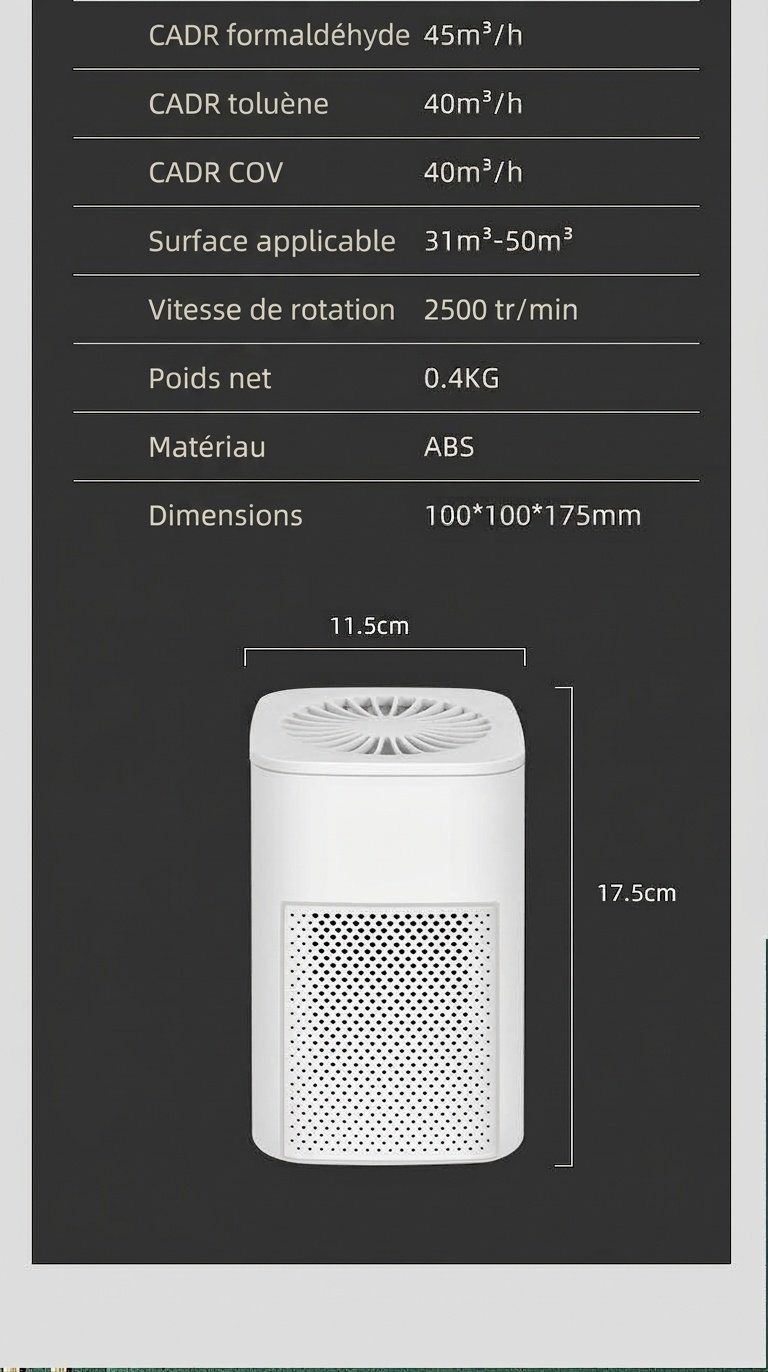 Purificateur d'air portable HEPA avec double filtre à charbon actif, fonctionnement silencieux ≤30 dB, purificateur d'air compact alimenté par USB pour la maison, le bureau et les espaces jusqu'à 42 m²
