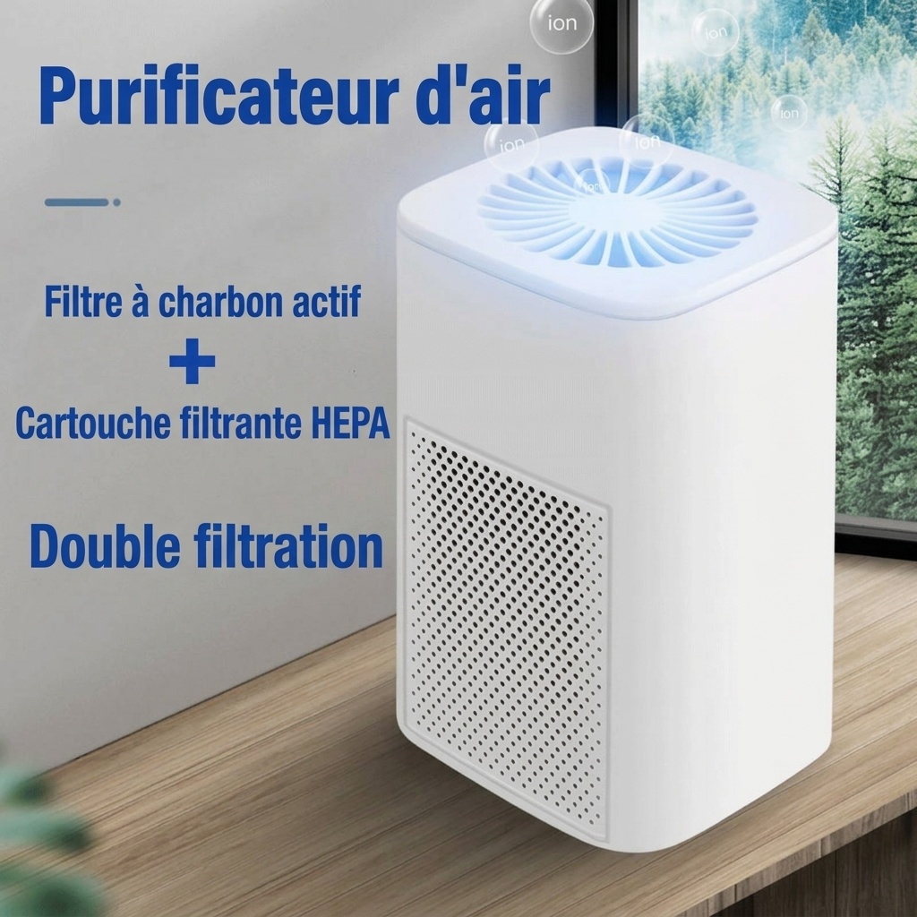 Purificateur d'air portable HEPA avec double filtre à charbon actif, fonctionnement silencieux ≤30 dB, purificateur d'air compact alimenté par USB pour la maison, le bureau et les espaces jusqu'à 42 m²