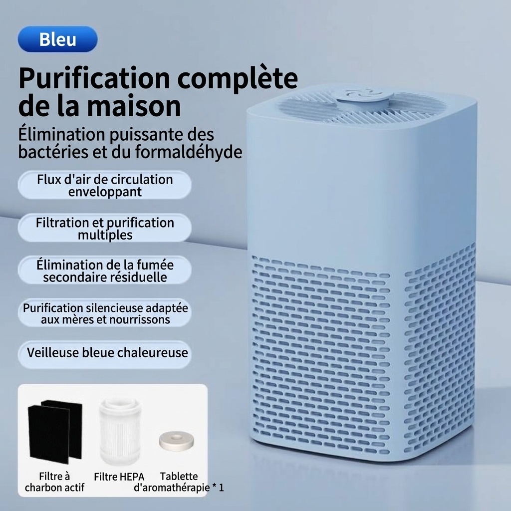 Purificateur d'air de bureau portable avec filtre HEPA, flux d'air puissant, fonctionnement ultra-silencieux, veilleuse apaisante, purificateur d'air compact alimenté par courant continu pour la maison et le bureau