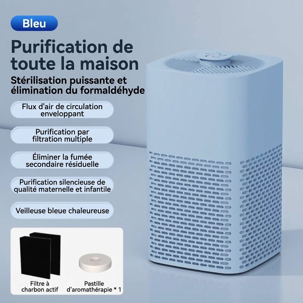 Purificateur d'air de bureau portable avec filtre HEPA, flux d'air puissant, fonctionnement ultra-silencieux, veilleuse apaisante, purificateur d'air compact alimenté par courant continu pour la maison et le bureau