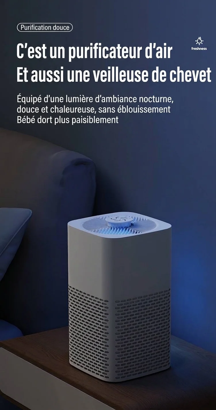 Purificateur d'air de bureau portable avec filtre HEPA, flux d'air puissant, fonctionnement ultra-silencieux, veilleuse apaisante, purificateur d'air compact alimenté par courant continu pour la maison et le bureau