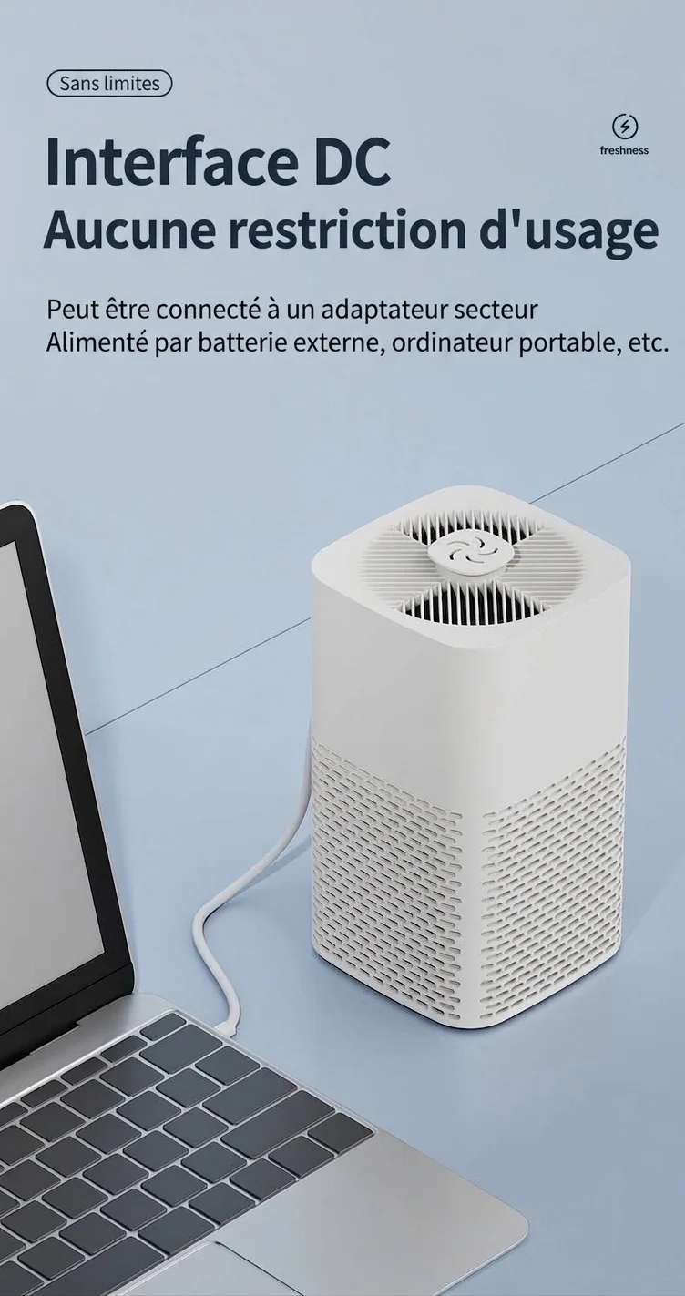 Purificateur d'air de bureau portable avec filtre HEPA, flux d'air puissant, fonctionnement ultra-silencieux, veilleuse apaisante, purificateur d'air compact alimenté par courant continu pour la maison et le bureau