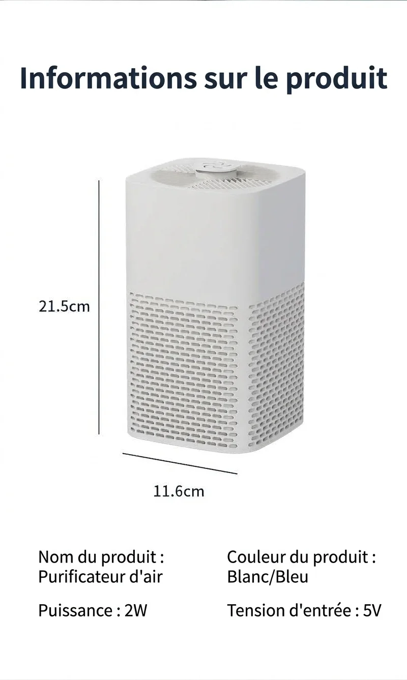 Purificateur d'air de bureau portable avec filtre HEPA, flux d'air puissant, fonctionnement ultra-silencieux, veilleuse apaisante, purificateur d'air compact alimenté par courant continu pour la maison et le bureau