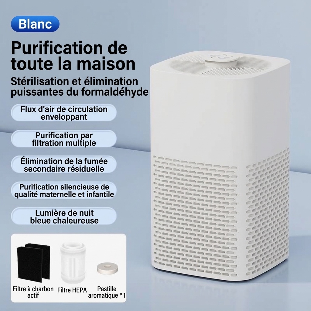 Purificateur d'air de bureau portable avec filtre HEPA, flux d'air puissant, fonctionnement ultra-silencieux, veilleuse apaisante, purificateur d'air compact alimenté par courant continu pour la maison et le bureau